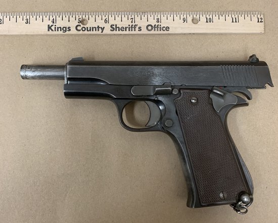A Kings County deputy found this 9 mm Star Handgun in a suspect's vehicle during a search, prompted by the suspect's suspicious behavior.